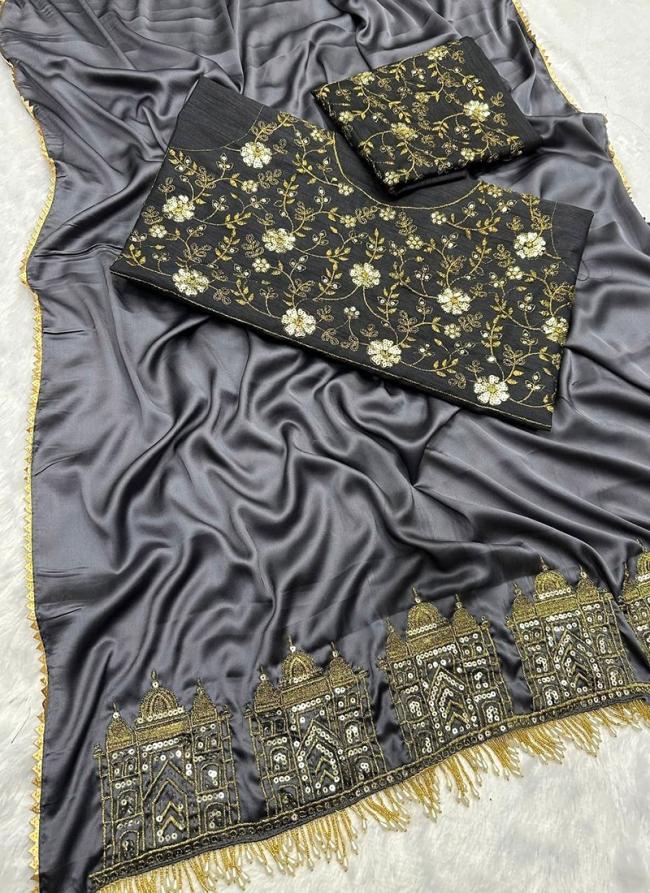 Satin Silk Grey Traditional Wear Embroidery Work Saree